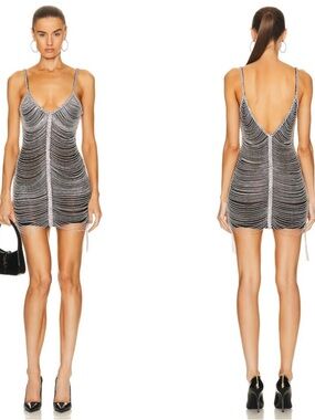 RETROFETE Irina Crystal Embellished Fringe Sheer Black Mini Dress Size small